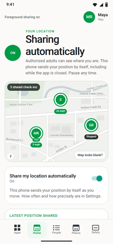 The family map in Smart Connect: Maya's screen reads Sharing automatically, with pins for Maya near Birchwood Lane, Sam near Hollow Creek Clinic and Grandma Rose on Juniper Street.