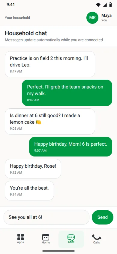 The household chat: family members confirm who is driving to practice and that dinner at 6 is still on.