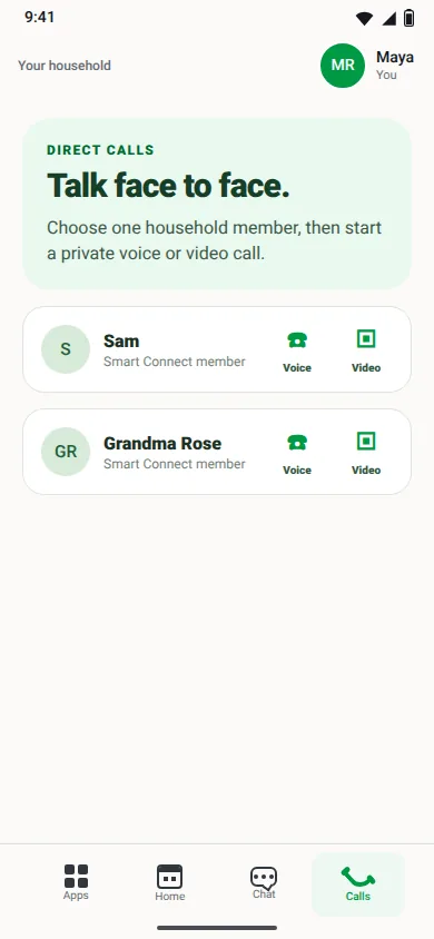 Direct calls: Talk face to face. Sam and Grandma Rose each have Voice and Video buttons.