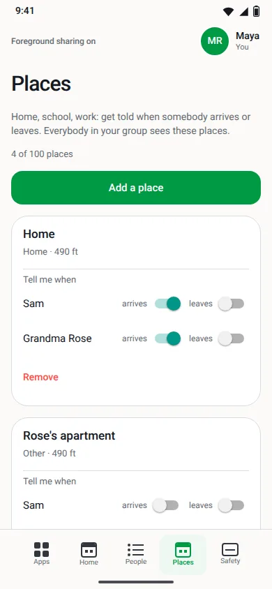 The Places screen: an Add a place button, then Home with Tell me when switches turned on for Sam and Grandma Rose arriving, and Rose's apartment below it.