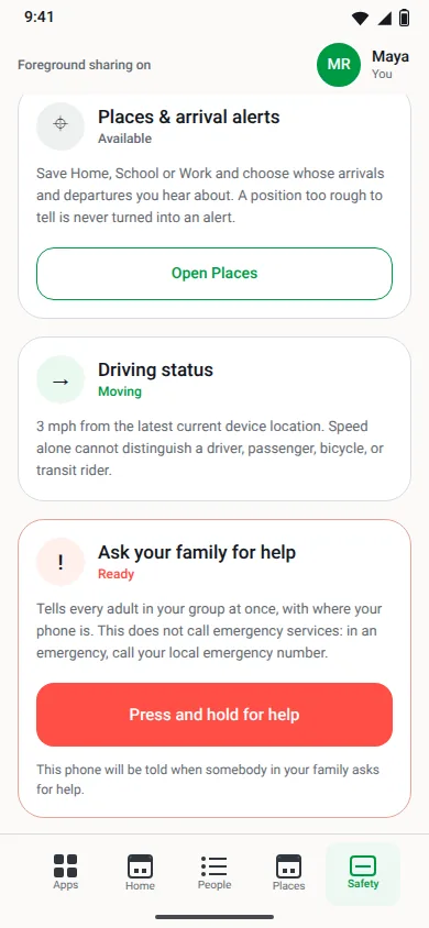 The Safety center card Ask your family for help, status Ready. It says it tells every adult in your group at once, with where your phone is, and that it does not call emergency services. Below is a coral Press and hold for help button.