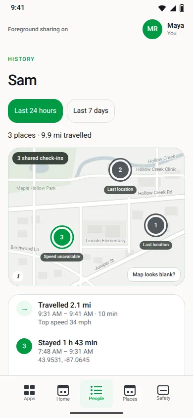 Sam's location history for the last 24 hours: 3 places and 9.9 miles travelled, with a map and a list that starts Travelled 2.1 miles, then Stayed 1 hour 43 minutes.